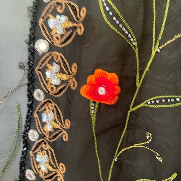 Black Sheer Open Front Long Jacket Blazer Embroidered Beading Stunning Floral M - Picture 3 of 10